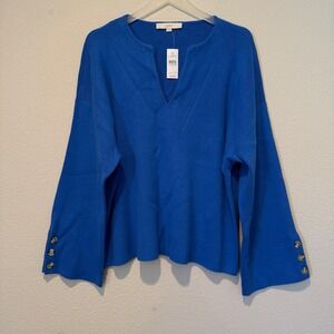 LOFT Womens Royal Blue Split Neck Button Cuff Knit Sweater XL New With Tags